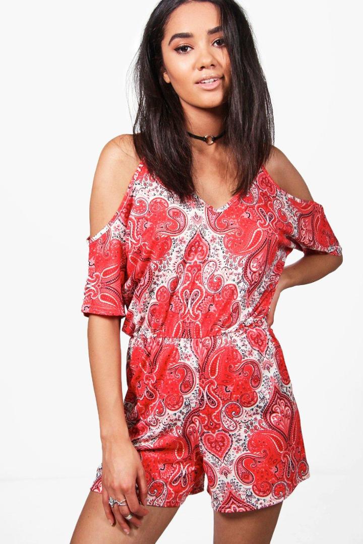 Boohoo Petite Lizzie Paisley Print Cold Shoulder Playsuit Red