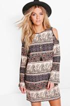 Boohoo Lucia Paisley Cold Shoulder Flared Sleeve Dress Multi