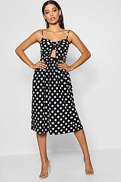 Boohoo Knot Front Polka Dot Midi Dress