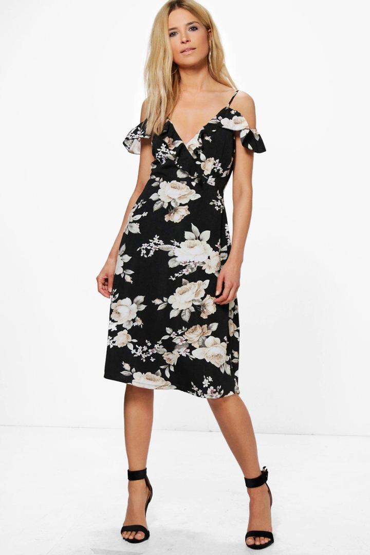 Boohoo Juanita Floral Frill Midi Skater Dress Black
