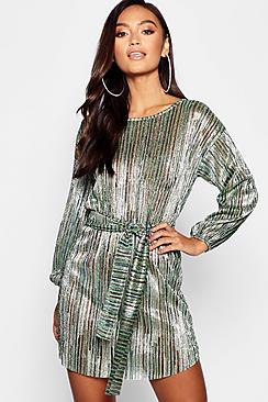 Boohoo Petite Raimbow Metallic Tie Waist Shift Dress