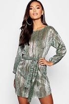 Boohoo Petite Raimbow Metallic Tie Waist Shift Dress