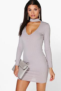 Boohoo Ita High Neck Plunge Ribbed Bodycon Dress