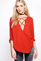 Boohoo Evie Lace Up Wrap Over Blouse