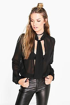 Boohoo Ava Split Front High Neck Blouse