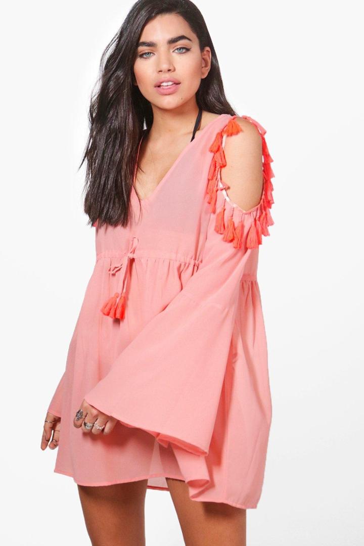 Boohoo Ella Tassel Cold Shoulder Beach Dress Orange