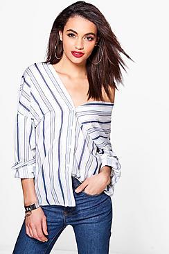 Boohoo Vivian Striped Button Through Collarless Shirt