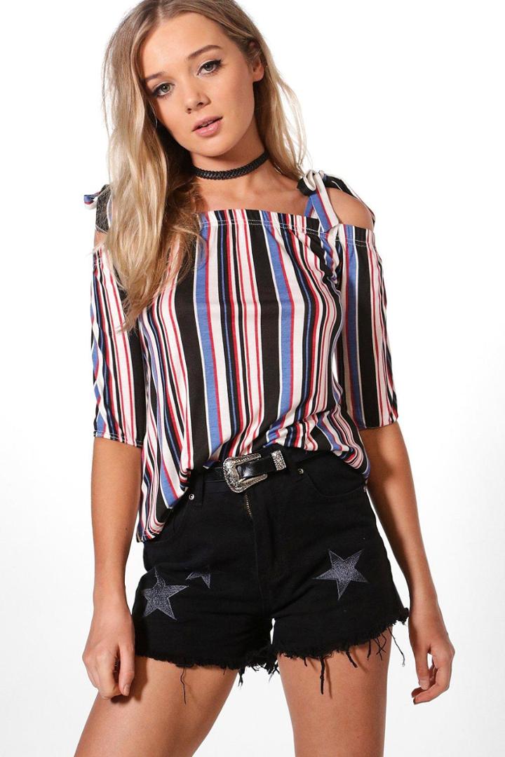 Boohoo Annabelle Tie Sleeve Stripe Bardot Multi