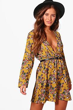 Boohoo Petite Jordan Floral Woven Wrap Skater Dress