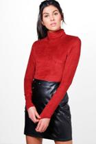 Boohoo Holly Roll Neck Suedette Long Sleeve Top Rust