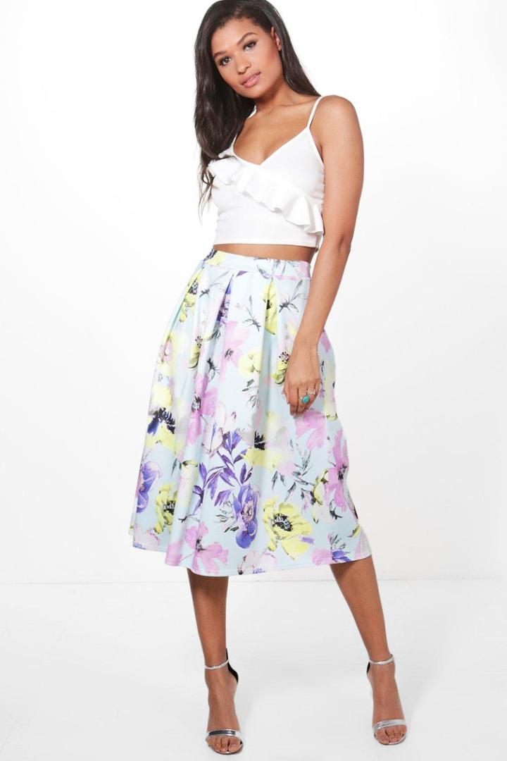 Boohoo Siena Large Summer Floral Box Pleat Skater Skirt Sky