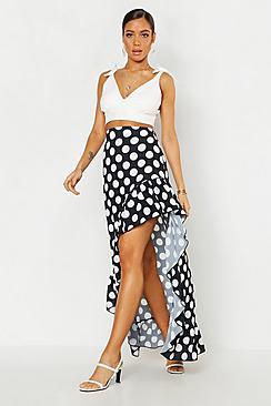 Boohoo Polka Dot Ruffle Hem Midaxi Skirt