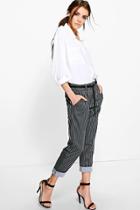 Boohoo Bella Pinstripe Belted Tapered Trousers Grey