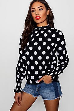 Boohoo Polka Dot Frill Neck Blouse