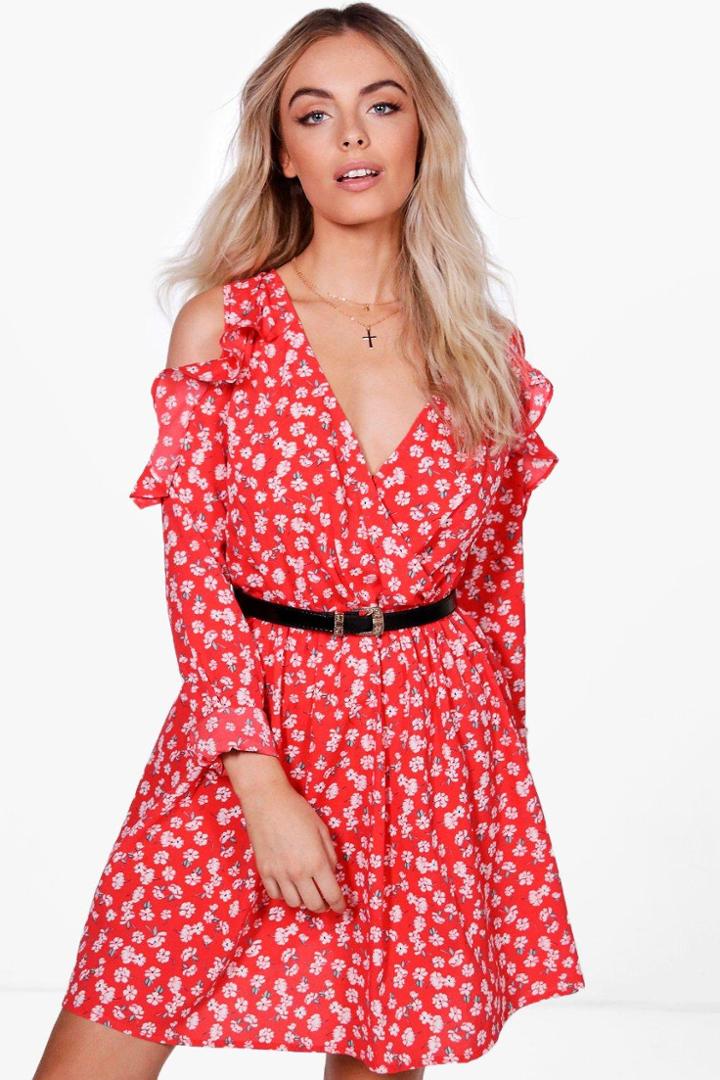 Boohoo Mila Floral Wrap Cold Shoulder Skater Dress Red