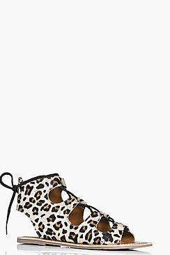 Boohoo Ellie Leopard Pony Hair Ghillie Tie Sandal