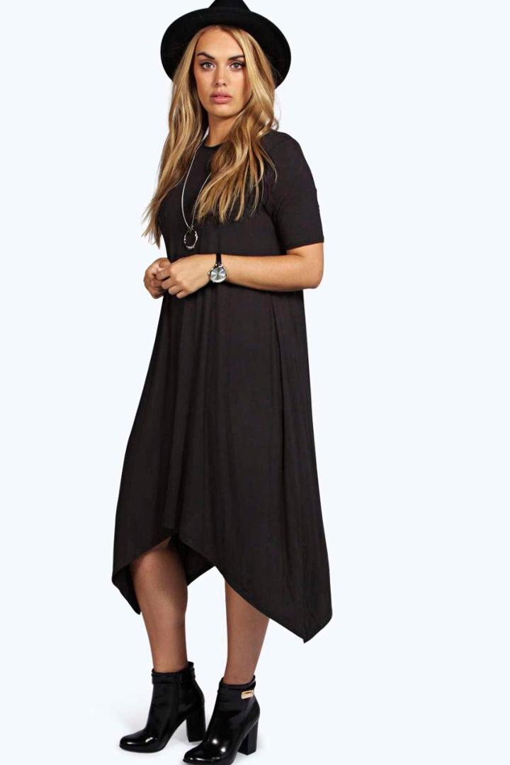 Boohoo Plus Moira Hanky Hem Swing Dress Black
