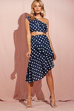 Boohoo Gingham Spot Asymetric Frill Midi Skirt