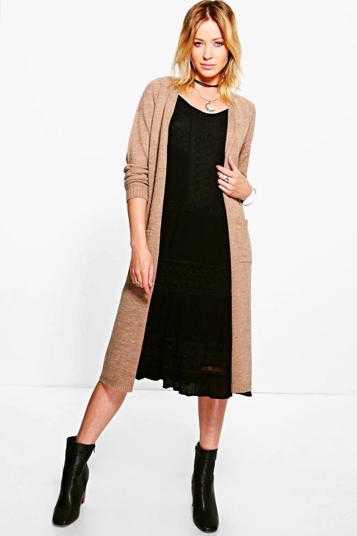 Boohoo Lacey Long Edge To Edge Cardigan Camel