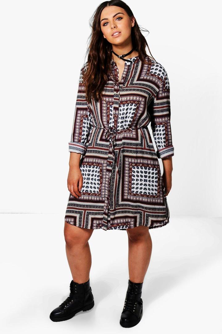 Boohoo Plus Lydia Paisley Print Tie Waist Shirt Dress Black
