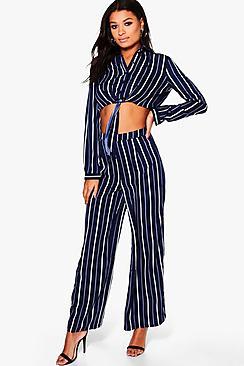 Boohoo Sophia Woven Stripe Tie Crop & Trouser Co-ord