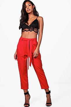 Boohoo Aubery Crepe Tie Waist Ankle Grazer Trousers