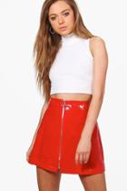 Boohoo Dolle Zip Front Vinyl A Line Skirt Red