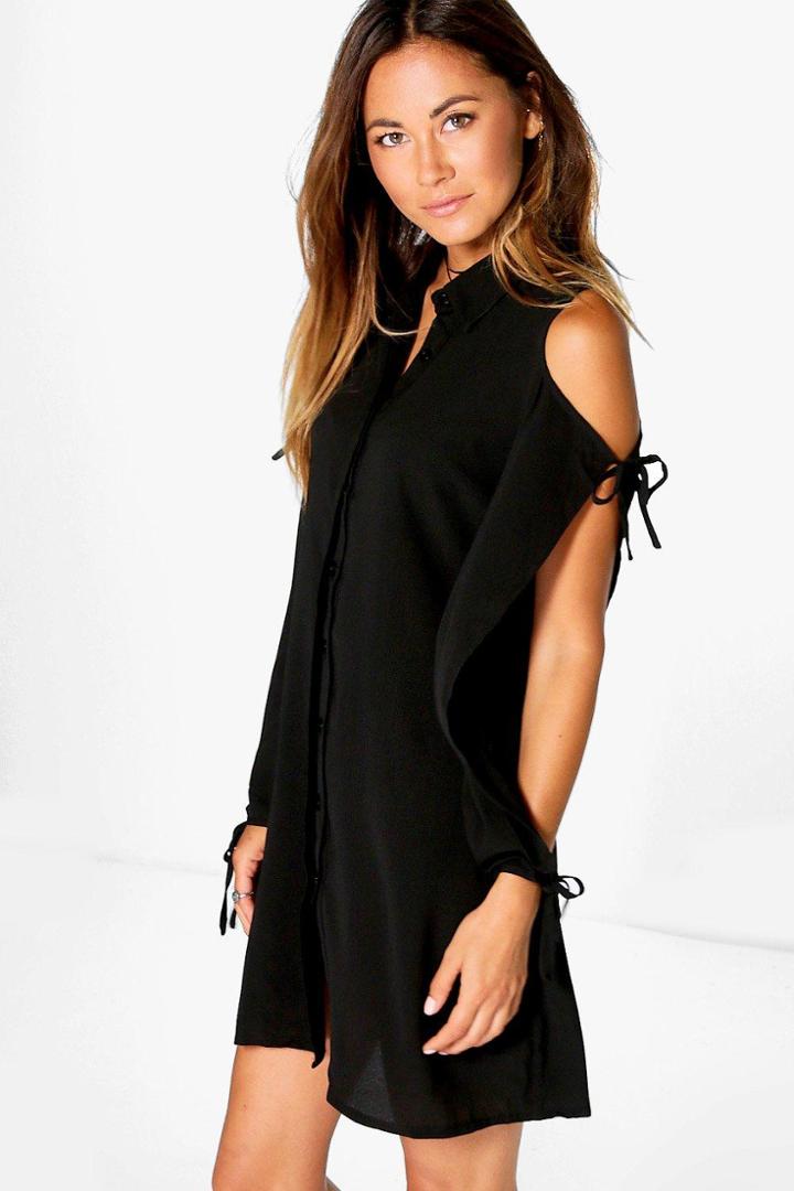 Boohoo Carminio Cold Shoulder Lace Up Shirt Dress Black