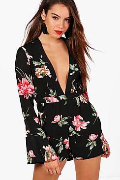 Boohoo Quinn Floral Wide Sleeve Ruffle Hem Playsuit