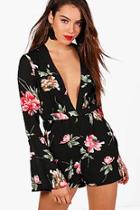 Boohoo Quinn Floral Wide Sleeve Ruffle Hem Playsuit
