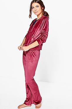 Boohoo Tia Velvet Hoodie Zip Through Tracksuit