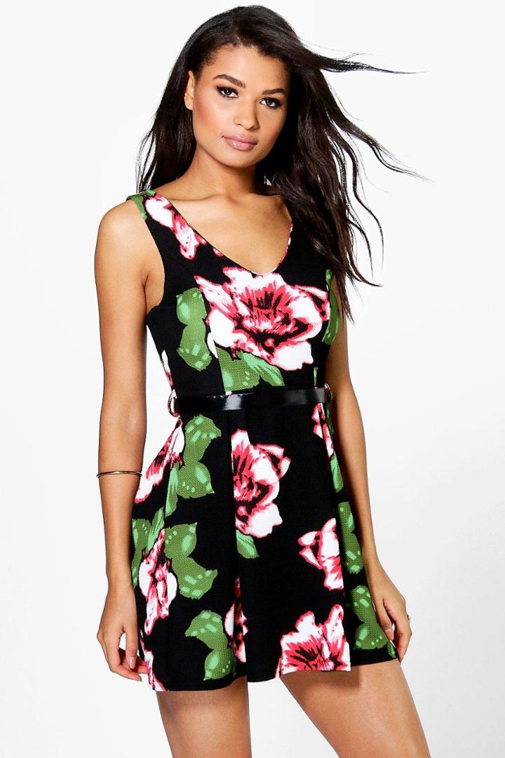 Boohoo Polly Floral Skater Dress With Ribbon Belt Black