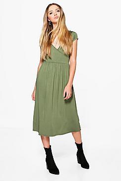 Boohoo Jessie Cap Sleeve Midi Skater Dress