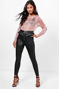 Boohoo Sasha Leather Look Zip Front Peplum Skinny Trousers