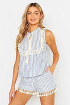 Boohoo Linen Stripe Tassel Detail Top