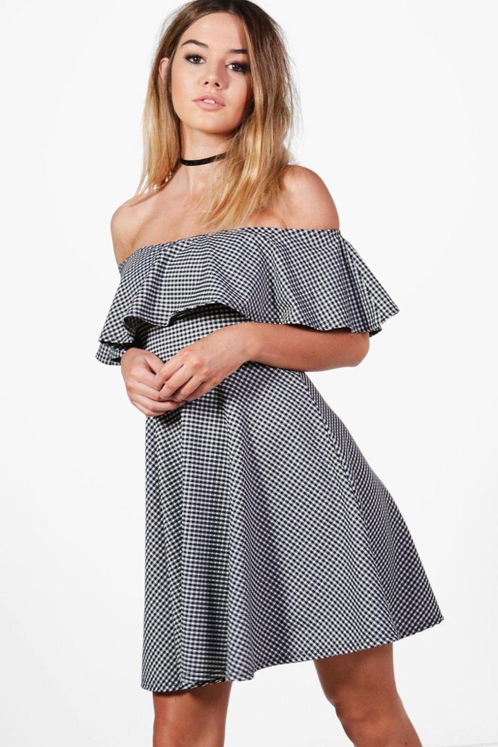 Boohoo Petite Jodie Off The Shoulder Gingham Skater Dress Black