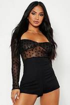 Boohoo Cupped Polka Dot Mesh Long Sleeved Playsuit