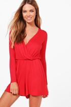 Boohoo Lorraine Wrap Over Jersey Playsuit Red
