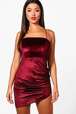 Boohoo Em Velvet Square Neck Ruched Bodycon Dress