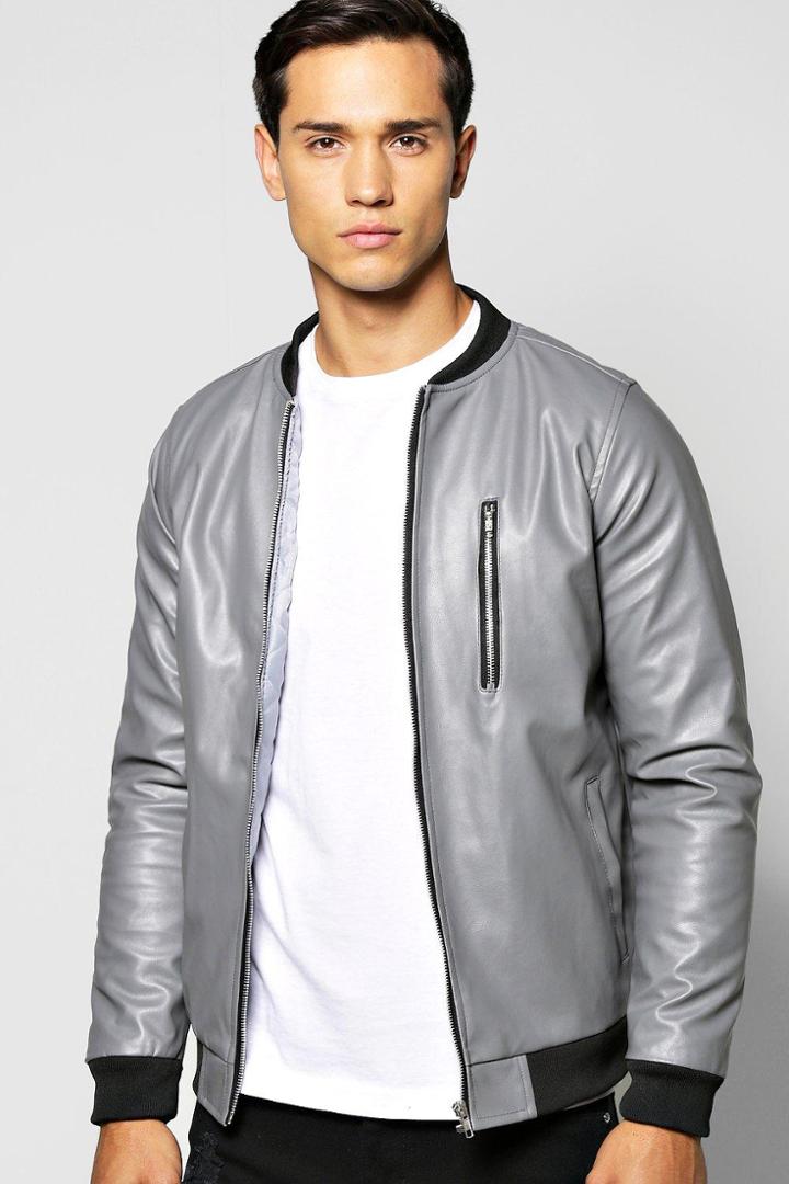 Boohoo Pu Ma1 Bomber Jacket With Zipped Chest Pocket Grey
