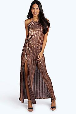 Boohoo Rosie Metallic Pleated Halter Maxi Dress