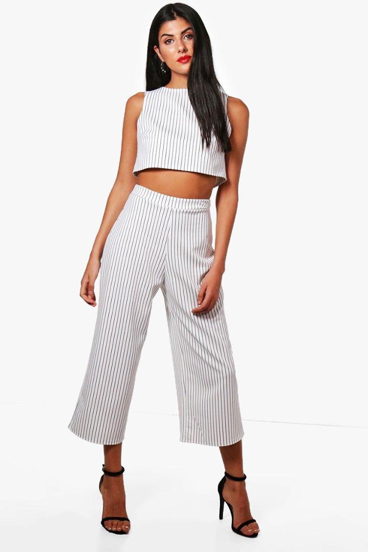 Boohoo Frances Srtipe Boxy Crop & Culotte Co-ord White