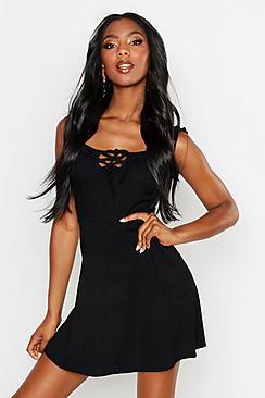 Boohoo Plaited Rib Frill Skater Dress