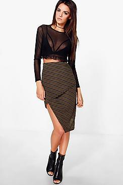 Boohoo Allegra Striped Rib Asymetric Midi Skirt