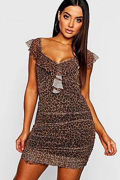 Boohoo Animal Print Frill Hem Mesh Mini Bodycon Dress