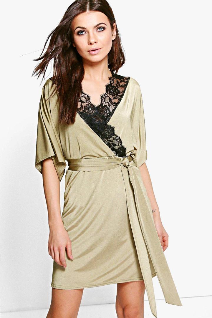 Boohoo Maeve Lace Trim Short Sleeved Wrap Dress Khaki