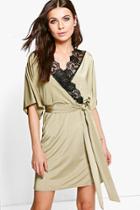 Boohoo Maeve Lace Trim Short Sleeved Wrap Dress Khaki