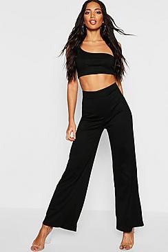 Boohoo Jumbo Rib Neon High Waisted Wide Leg Trousers