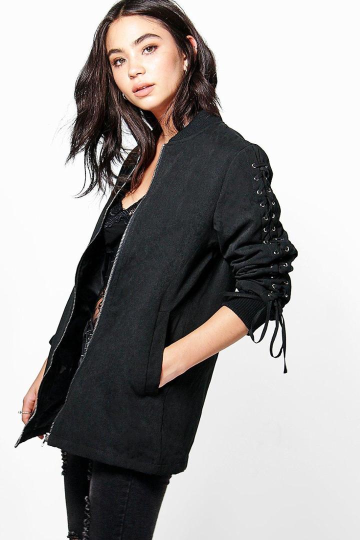 Boohoo Faith Lace Up Detail Bomber Black