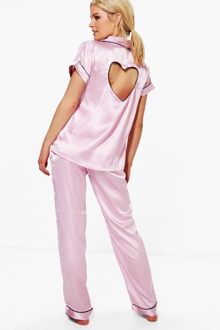Boohoo Boutique Kim Satin Heart Trouser Set Pink